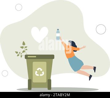 Sammeln von Plastikmüll in Mülltonne. Zeichen, die den Müll sortieren. Das Problem der Kunststoffbelastung. Stock Vektor