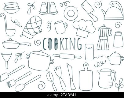 Set mit Kochkunst und Küche im Sketch-Stil. Handgezeichnete Küchenutensilien zum Kochen. Einfache Tintenlinie Tischgeschirr Clip Art. Geschirr und Küchenutensilien Stock Vektor