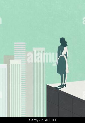 Frau am Rande des Gebäudes, Ziel, Erfolg Business Hoffnung, Depression Angst Konzept Hintergrund, Stockfoto