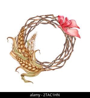 Aquarellillustration eines Kranzes aus Reifen getrockneten Weizenblättern und Zweigen mit rotem Bogen. Runder Rahmen isoliert auf weißem Hintergrund. Für Menüs, Banner, Stockfoto