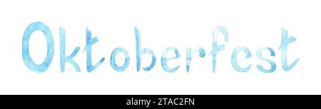 Blaue Inschrift „Oktoberfest“. Isoliert auf weißem Hintergrund. Handgeschriebene moderne Kalligraphie, mit Pinsel gezeichnete Buchstaben. Vorlage für Banner, S. Stockfoto