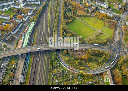 Luftbild, Calisthenics Park und Bürgermeister-Johann-Asch-Platz, Bahnlinie mit Containerplatz und Brücke Friedrich-Ebert-Straße und geschwungene Straße zum Logport, Mietshäuser Wohnsiedlung zwischen Kruppstraße und Kronprinzenstraße, umgeben von herbstlichen Laubbäumen, Friemersheim, Duisburg, Ruhrgebiet, Nordrhein-Westfalen, Deutschland ACHTUNGxMINDESTHONORARx60xEURO *** Luftansicht, Calisthenics Park und Bürgermeister Johann Asch Platz, Bahnstrecke mit Containerbahnhof und Brücke Friedrich Ebert Straße und gekrümmte Straße zum Logport, Mehrfamilienhäuser Wohnsiedlung zwischen Kruppstraße und Stockfoto