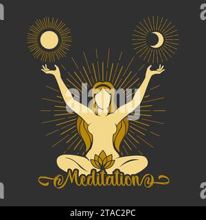 Silhouette eines meditierenden jungen Mädchens mit Sonne und Mond Symbol Yoga Konzept. Handgezeichnete Vektorgrafik Stock Vektor