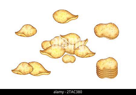 Aquarelldarstellung eines Satzes von Haufen frittierter Kartoffelchips. Traditioneller Snack für Picknick, Festival, Oktoberfest. Isoliert auf weißem Hintergrund. Stockfoto