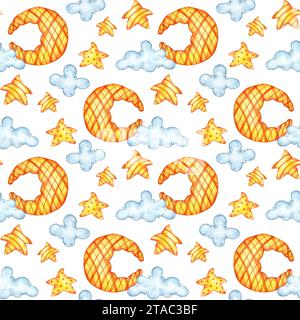 Aquarellillustration kindliches Muster von orangen Sternen, Mond und blauen Wolken isoliert auf weißem Hintergrund. Designkonzept für Poster, Karte, Banner, Stockfoto