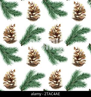 Aquarellillustration Weihnachten nahtloses Muster mit grünen Tannenzweigen und Tannenzapfen für Feiertagsdekoration. Isoliert auf weißem Hintergrund. Komp Stockfoto