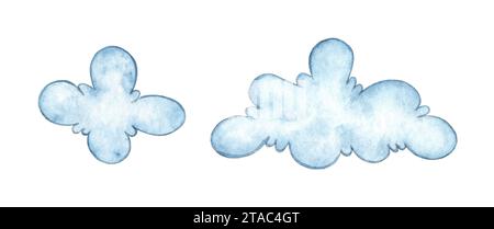 Aquarellillustration Set aus zwei blauen Kritzelwolken. Kindermotiv. Üppige Clubwolke. Isoliert auf weißem Hintergrund. Designkonzept für Stockfoto