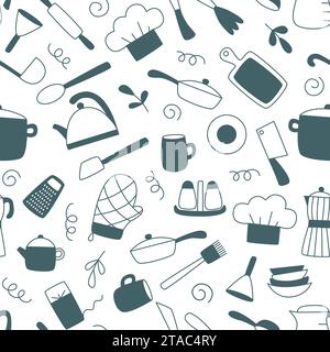 Skizzieren Sie Kochen und Küche nahtlos Muster. Hand Küchenutensilien zum Kochen Hintergrund. Einfache Tintenlinien, Bilder mit Geschirr, Geschirr und Küchenzeile Stock Vektor