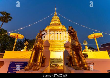 Der goldene Chedi des buddhistischen Tempels Wat Phra That Si in Chom Thong in der Abenddämmerung, Thailand, Asien | Golden Chedi of the buddhist Te Stockfoto