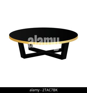 Runder Kaffeetisch auf weißem Hintergrund. Vektorillustration in trendigem flachen Stil. Wohnzimmermöbel. Schwarz-goldener Kaffeetisch. Niedriger runder Tisch. Stock Vektor