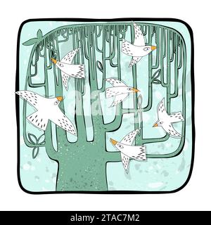 Vögel und Baum Vektor Illustration Hand zeichnen Stock Vektor