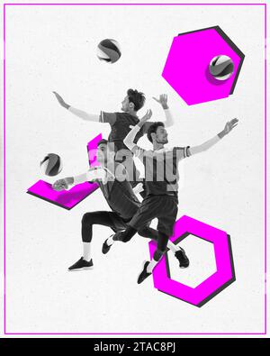 Zeitgenössische Kunst, Collage. Junger Sportmann, Volleyballspieler im monochromen Filtertraining zum Kickball mit bewegten Händen. Stockfoto