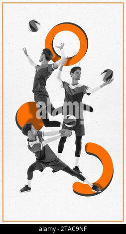 Zeitgenössische Kunst, Collage. Junger athletischer Mann, Volleyballspieler im monochromen Filter, der Ball mit den Händen in Bewegung vor weißem Hintergrund tritt Stockfoto