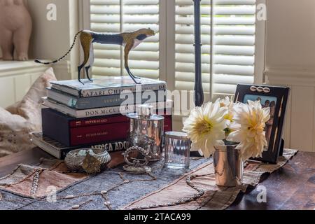 Bücher und Ornamente mit Leopardenfiguren auf dem Tisch in einem einstöckigen Haus im Kolonialstil. Truro, Cornwall, Großbritannien. Stockfoto