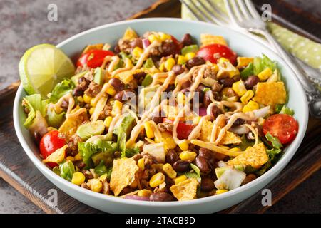 Rindfleisch-Taco-Salat mit Bohnen, Mais, Nacho-Chips, Salat, Tomaten, Zwiebeln, Käse und Avocado auf dem Teller auf dem Tisch. Horizontal Stockfoto