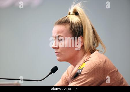 Englands Lauren Hanf während einer Pressekonferenz in St. George's Park, Burton upon Trent. Bilddatum: Donnerstag, 30. November 2023. Stockfoto