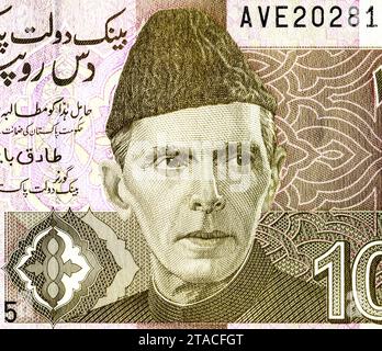 Muhammad Ali Jinnah (1876–1948). Porträt aus Pakistan 10 Rupien 2017 Banknoten. Muhammad Ali Jinnah ist der Gründer von Pakistan Stockfoto