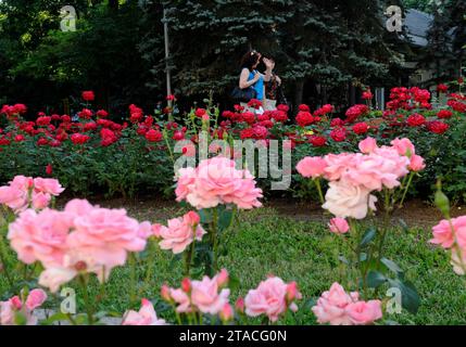 DONEZK, UKRAINE - 9. JUNI 2010: Menschen im Zentrum Donezks. Donezk vor dem Krieg. Stockfoto