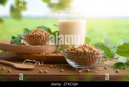 Detail eines Glases natürliches Sojabohnengetränk auf Holztisch mit Schüsseln voller Samen auf dem Feld. Vorderansicht. Stockfoto