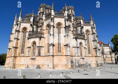 Kloster von Batalha (Mosteiro de Santa Maria da Vitoria), extravagant gotisch (14.-16. Jahrhundert). Batalha, Leiria, Portugal. Stockfoto