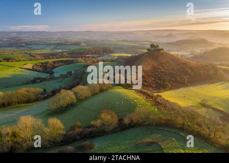 Aus der Vogelperspektive auf Colmer's Hill bei Sonnenaufgang an einem sonnigen Wintermorgen, Symondsbury, Dorset, England. Winter (Januar) 2022. Stockfoto
