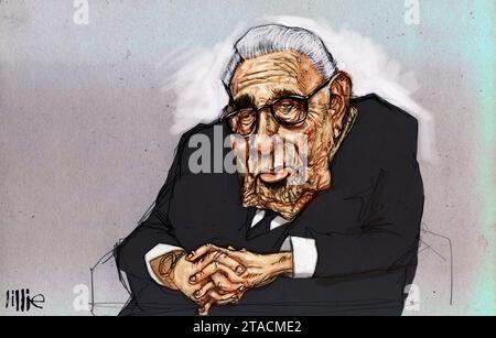 Karikaturkunst, Cartoon-Porträt von Henry Kissinger, US-amerikanischem Politiker, Diplomat, US-Außenminister, nationaler Sicherheitsberater, Nobel Stockfoto