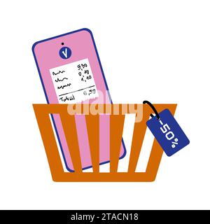 Smartphone mit Check-Symbol auf dem Bildschirm in orangefarbenen Warenkorb mit Verkaufsetikett. Online-Shopping-Konzept. Abbildung Vektorabwicklung isoliert ein Stock Vektor