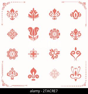 Vintage-Set mit pinken Vektorelementen. Elemente für Hintergründe. Klassische Muster. Set mit Vintage-Mustern Stock Vektor