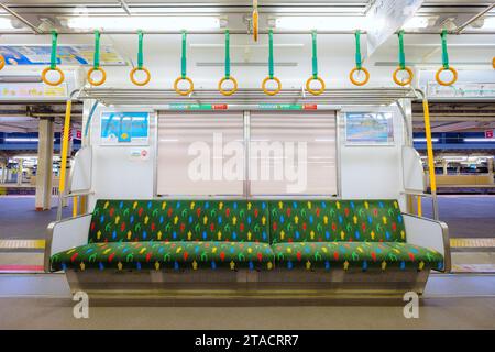 Kyoto, Japan - März 31 2023: Ein leerer Prioritätssitz in einem Lokalzug in Kyoto Stockfoto