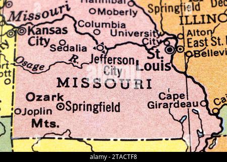 Nahaufnahme der usa-Karte mit dem Bundesstaat Missouri Stockfoto