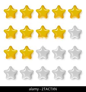 Realistische Symbole für 3D-Sterne. Designelemente aus hochglänzendem Vektor-Kunststoff für Apps und Websites. Fünf goldene und silberne Sterne, Produktbewertung des Kunden Stock Vektor