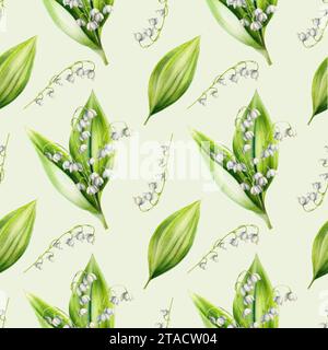Nahtloses Aquarellmuster mit Sträußen von Lilien des Tales Blumen isoliert auf Hintergrund. Frühling und Ostern handgemalte Illustration. Für des Stockfoto