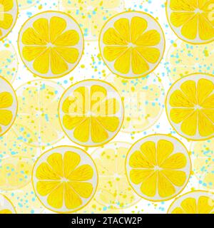 Zitronenscheiben rundes Aquarellmuster. Endloser Hintergrund von gelben Zitrusfrüchten. Handgezeichneter Hintergrund mit Limonade. Für Stoff und Tapeten. Su Stockfoto