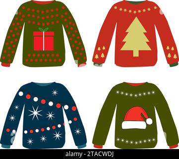 Bunte lustige weihnachtspullover auf weißem Hintergrund mit Kopierraum Stock Vektor