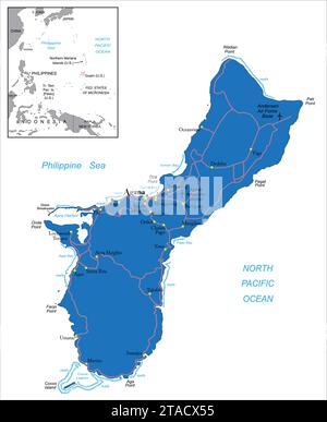 Sehr detaillierte politische Vektorkarte der Insel Guam mit Verwaltungsregionen und Hauptstädten. Stock Vektor