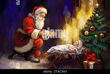 Weihnachtsgeschichte. Ein wahres Weihnachtsfest. Weihnachtsmann verbeugte sich vor dem Baby Jesus Christus, das in der Krippe lag. Weihnachtsnacht, Kunstillustration gemalt. Stockfoto