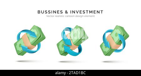 Set aus 3D-Dollarbündel mit Kreispfeilen. Finanzmanagement. Währungsumtauschkonzept. Service für Zahlung und Cashback. Vektorabbildung Stock Vektor