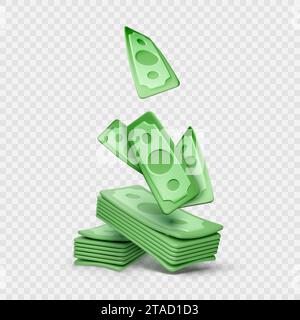 3D-Papiergeld mit transparenten Schatten. Cartoon-Papierscheine stapeln. Grüne amerikanische Dollar-Banknoten. Vektorabbildung Stock Vektor