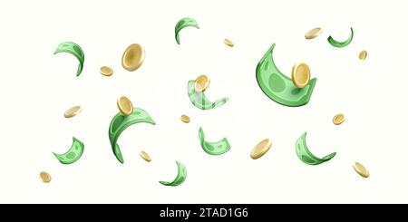 Hintergrundbild fallendes Geld. 3D-Dollars und Coins Stream. Finanzieller Erfolg. Cartoon-Goldmünzen und Grünpapiergeld. Vektorabbildung Stock Vektor