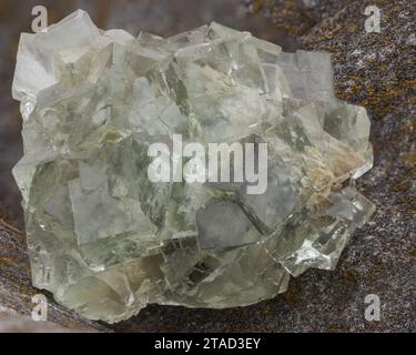 Detaillierte Makroansicht mit den komplexen Kristallformationen von Fluorit Mineral Stockfoto