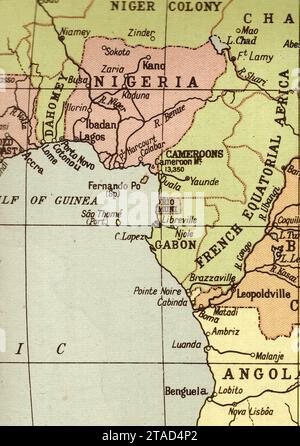 Eine alte/antike politische Karte von Nigeria, Afrika in Sepia. Stockfoto