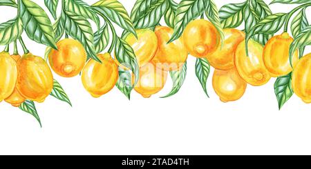 Aquarellzitronen endlose nahtlose horizontale Grenze. Gelbe Zitrusfrüchte auf Zweigen mit Blättern und Blüten. Mediterraner Hintergrund Stockfoto