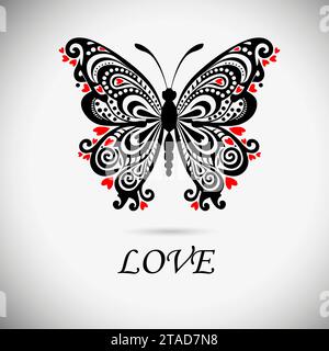 Grafischer Schmetterling aus Mustern mit Herzen. Nicht AI, Rainbow Butterfly mit Herzen. SstkLOVE. Alles Gute zum Valentinstag. Vektorabbildung Stock Vektor