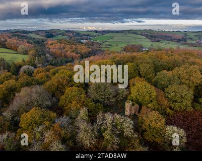 Blick aus der Vogelperspektive auf den Rushford Tower, umgeben von Bäumen im Dartmoor National Park, Chagford, Devon, England. Herbst (November) 2023. Stockfoto