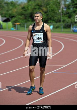 Adam Gemili (East London University), der in der U23 100 m bei den BUCS (British Universities and Colleges Sport) Championships, Bedford Athl, antrat Stockfoto