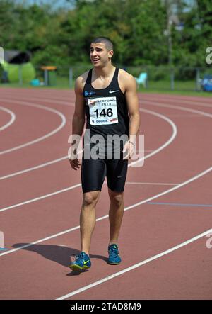 Adam Gemili (East London University), der in der U23 100 m bei den BUCS (British Universities and Colleges Sport) Championships, Bedford Athl, antrat Stockfoto