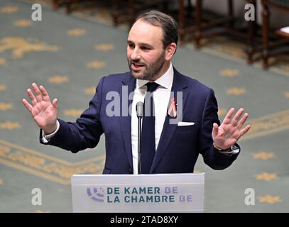 Brüssel, Belgien November 2023 30. Michael Freilich von N-VA, der während einer Plenartagung des Plenums über den belgischen EU-Ratsvorsitz im Bundesparlament in Brüssel am Donnerstag, den 30. November 2023, vorgestellt wurde. BELGA PHOTO ERIC LALMAND Credit: Belga News Agency/Alamy Live News Stockfoto