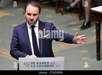 Brüssel, Belgien November 2023 30. Michael Freilich von N-VA, der während einer Plenartagung des Plenums über den belgischen EU-Ratsvorsitz im Bundesparlament in Brüssel am Donnerstag, den 30. November 2023, vorgestellt wurde. BELGA PHOTO ERIC LALMAND Credit: Belga News Agency/Alamy Live News Stockfoto