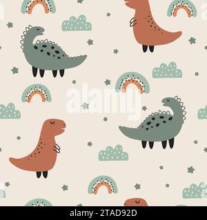 Niedliches, nahtloses kindliches Muster mit niedlichen Dinosauriern. Textur für Kinder für Stoff, Verpackung, Textil, Tapete, Bekleidung. Stock Vektor