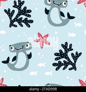 Vektor-handgezeichnete farbige kindische nahtlose Wiederholung einfacher Flachmuster mit Hammerhaien. Stock Vektor